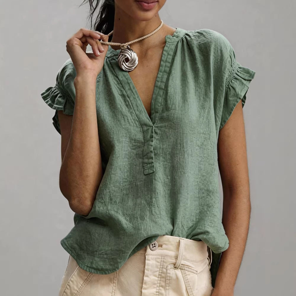 Women's Casual V-Neck Cotton-Linen Blouse Top Summer Ruffle Short-Sleeve Solid Color Office Daily Wear Shirts NorixaFashion.com