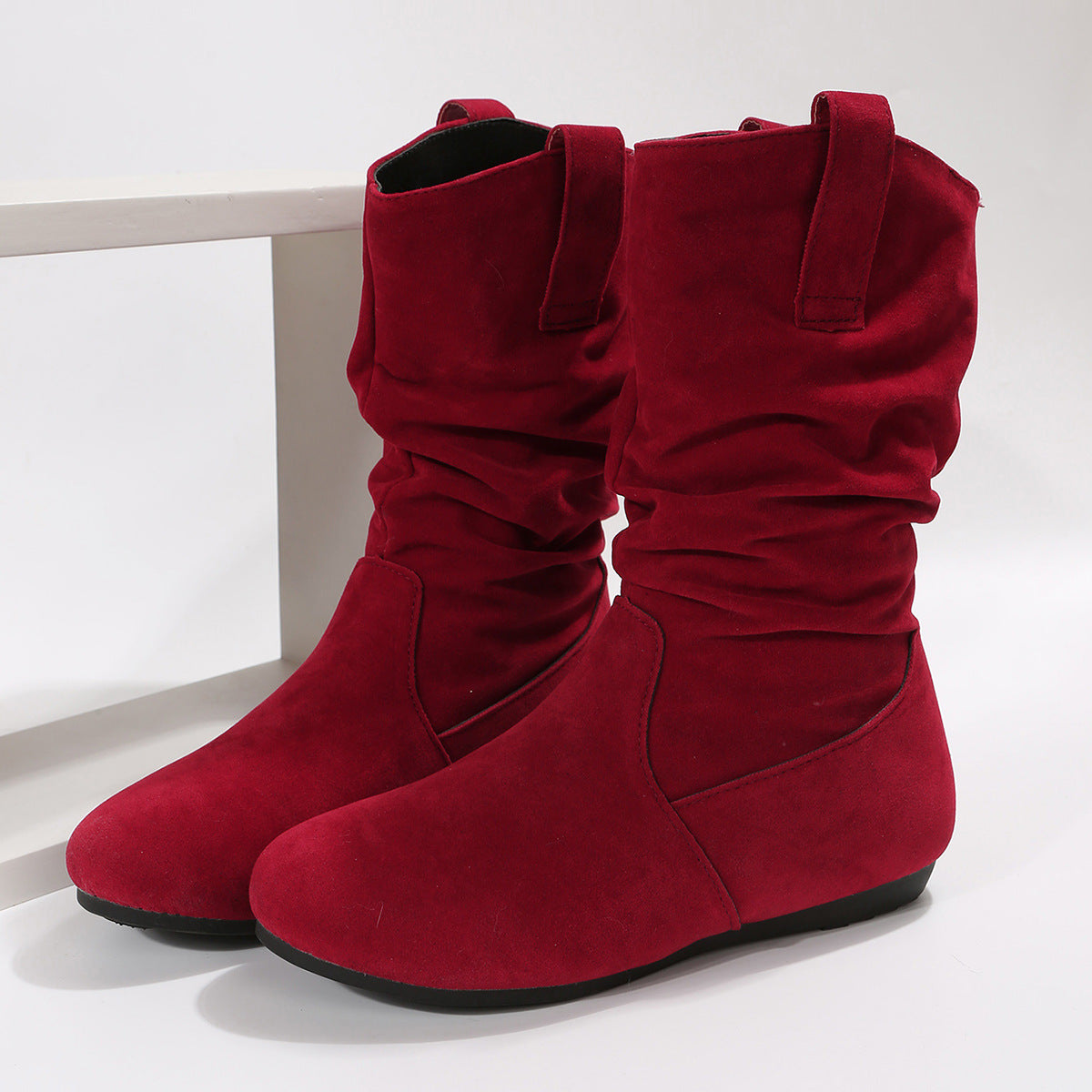 Round Toe Flat Boots Fashion Solid Color Suede Mid-calf Boot Winter Warm Shoes For Women LadyShow.Store
