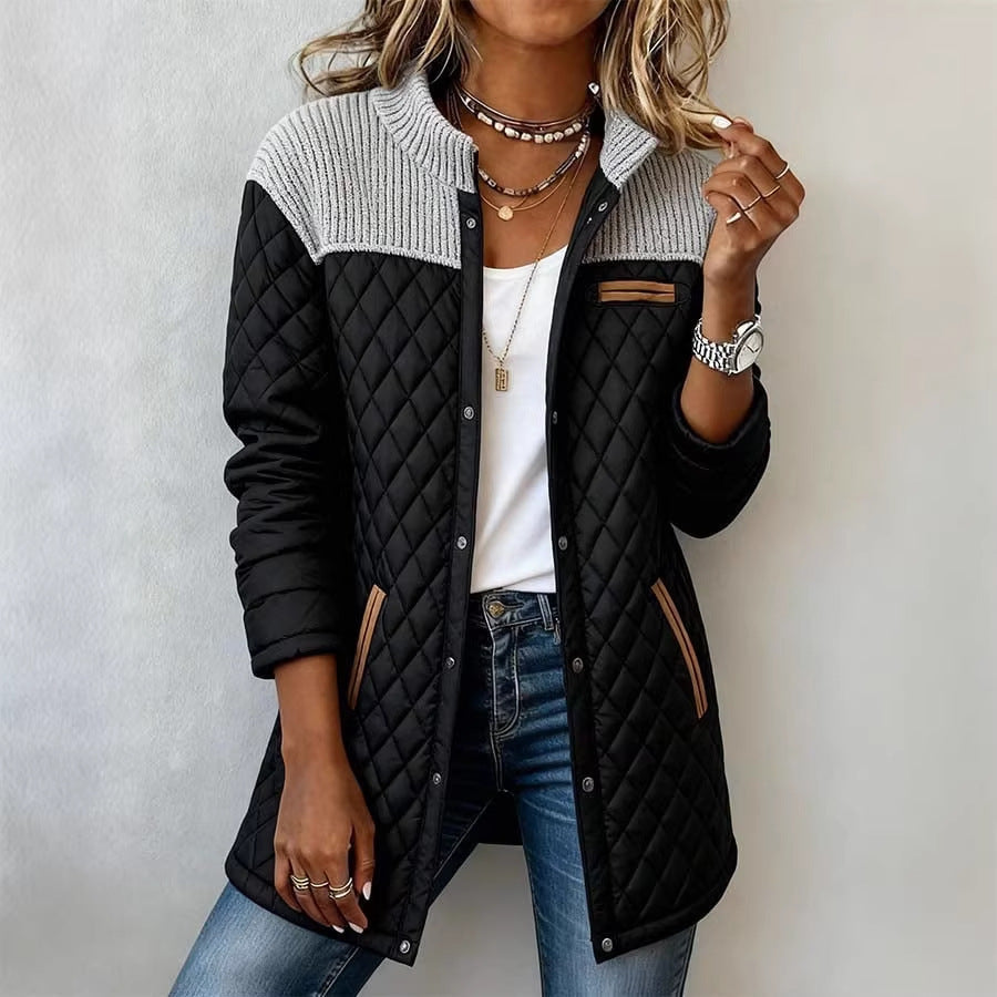 European And American Patchwork Off-shoulder Long Sleeve Pocketed Relaxed-fit Diamond Quilted Jacket NorixaFashion.com