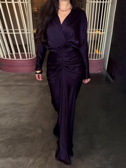 Plum Satin Maxi Dress With Wrap Front And Ruched Detail NorixaFashion.com