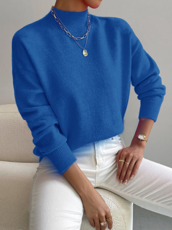 Autumn And Winter Half-high Collar Pullover Women's Fashion Solid Color Loose Knitted Top LadyShow.Store