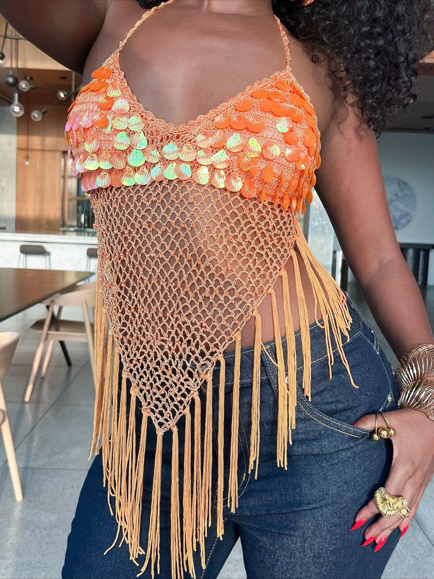 Beach Vacation Sequined Tassel Camisole Top NorixaFashion.com