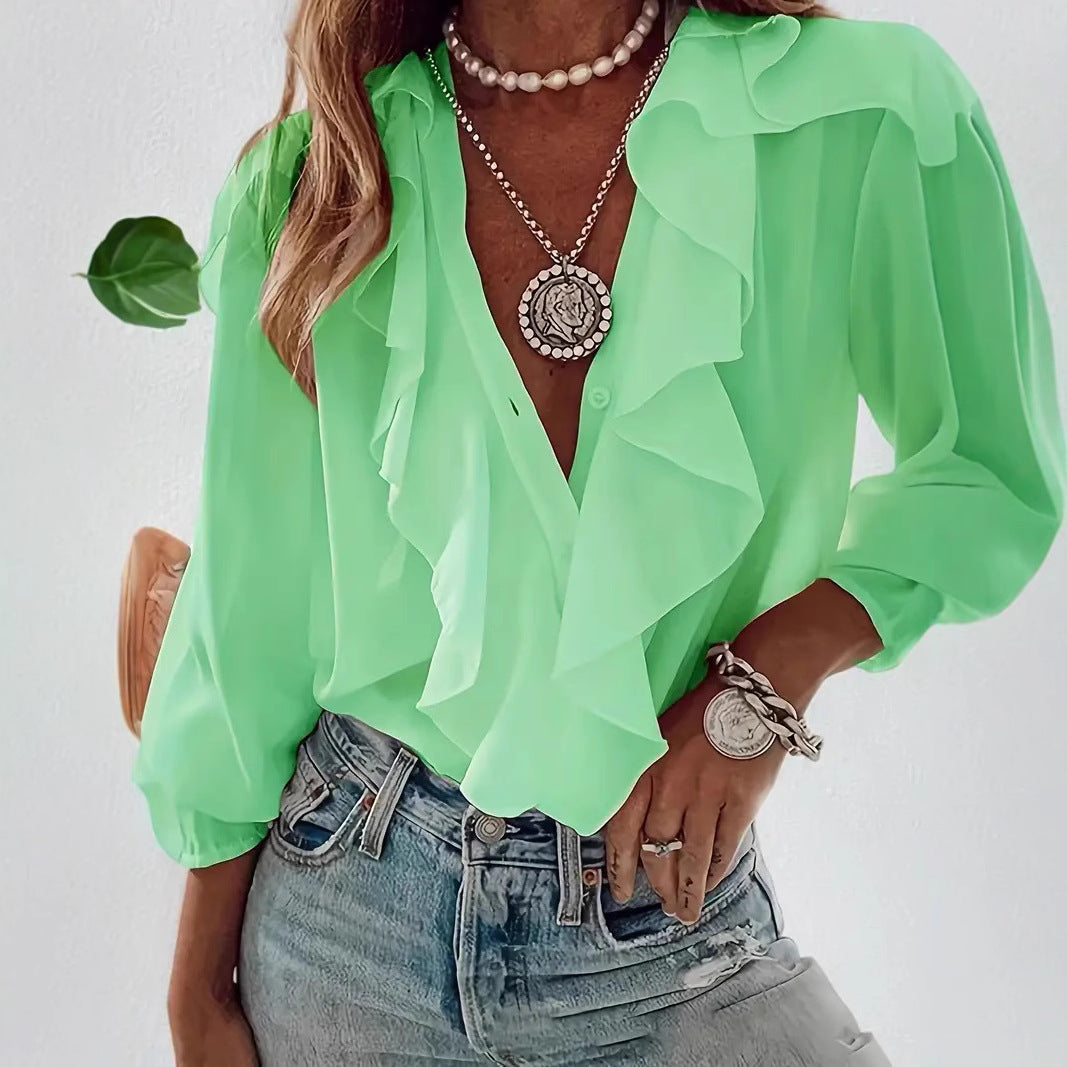 Ruffled-trim Shirt V-neck Long-sleeve Top Daily Commute Women's Clothing NorixaFashion.com