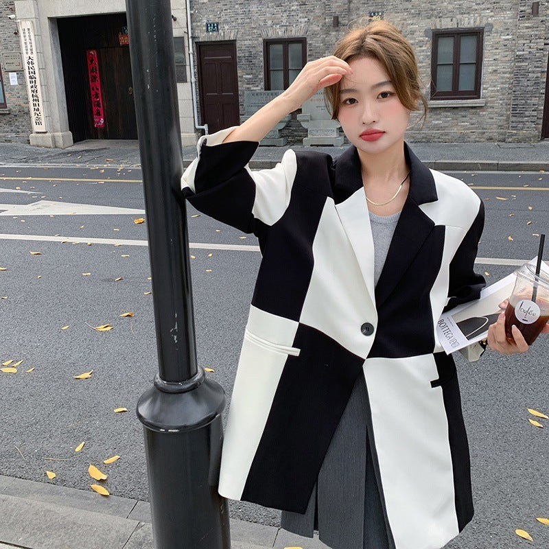 Loose Design Color Matching Suit Jacket for Women Pi-Mart