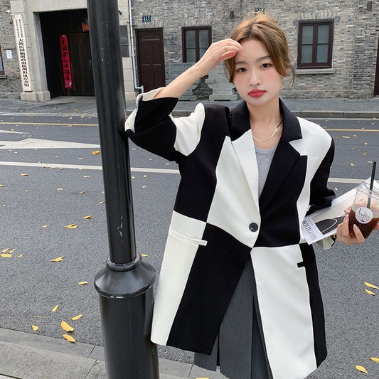 Loose Design Color Matching Suit Jacket for Women Pi-Mart