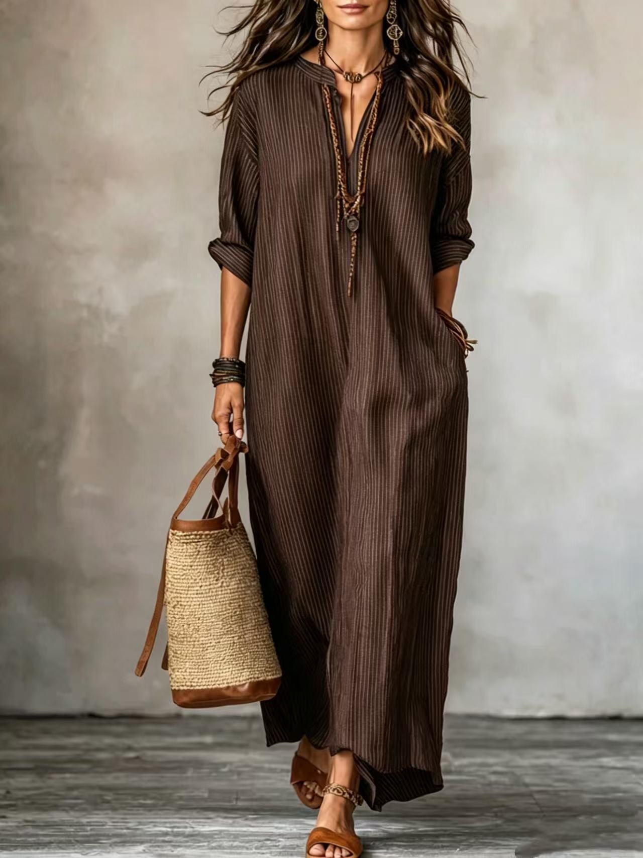 Fashionable V-neck Striped Loose-fit Dress NorixaFashion.com