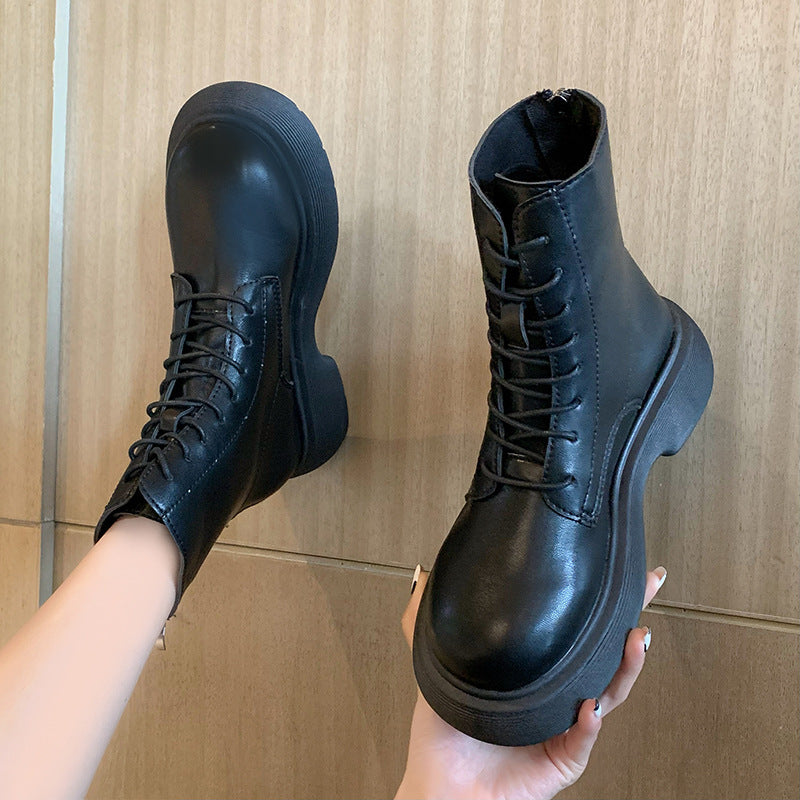Leather Round Toe Chunky Heel Lace-up Martin Boots LadyShow.Store