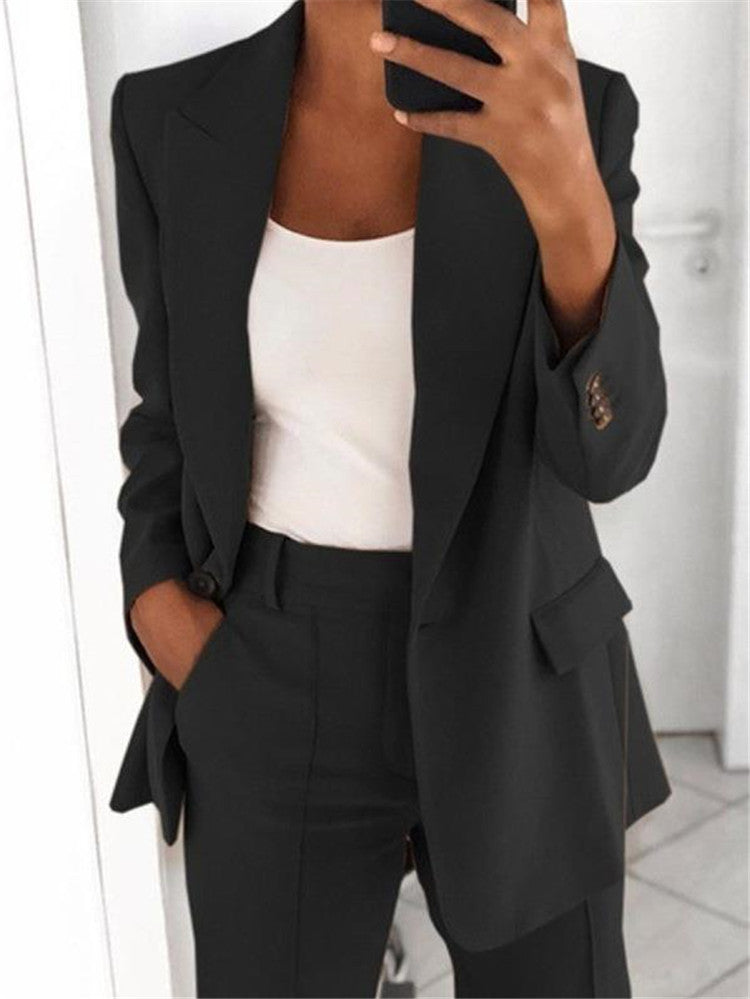 Ins Button Casual Suit Fashion Long-sleeved Lapel Blazer Jacket And Slim-fit Pocket Trousers For Women Clothing NorixaFashion.com