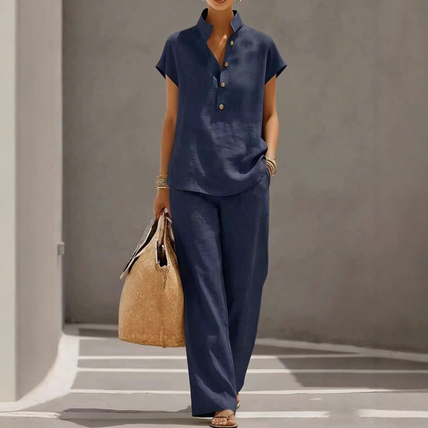 Casual Lazy-Style Cardigan Short-Sleeve Pants Solid-Color Set NorixaFashion.com