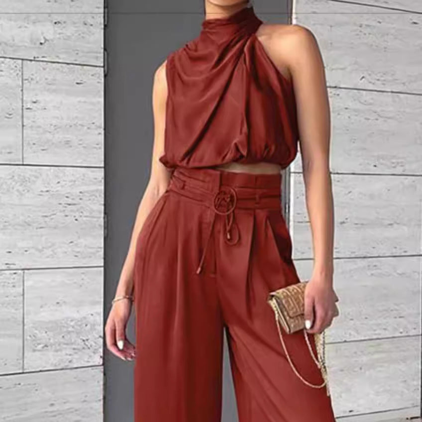 Summer Suits Casual Sleeveless Midriff-baring Top And Wide Leg Pants 2pcs Set Womens Clothing NorixaFashion.com
