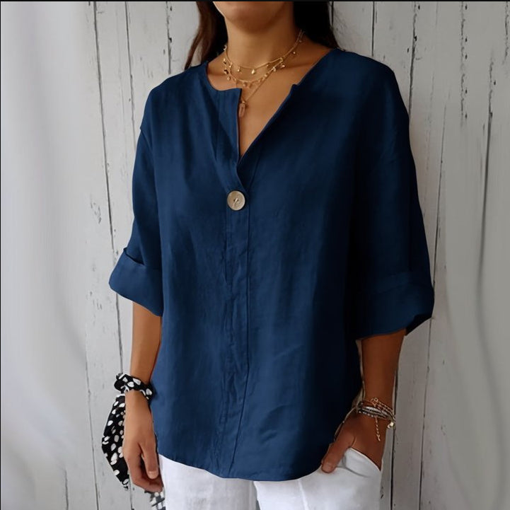 V-neck Long-sleeved T-shirt Fashion Loose Cotton And Linen Button Tops For Women NorixaFashion.com
