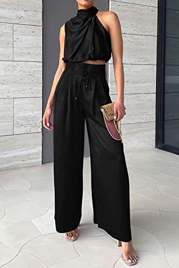 Summer Suits Casual Sleeveless Midriff-baring Top And Wide Leg Pants 2pcs Set Womens Clothing NorixaFashion.com