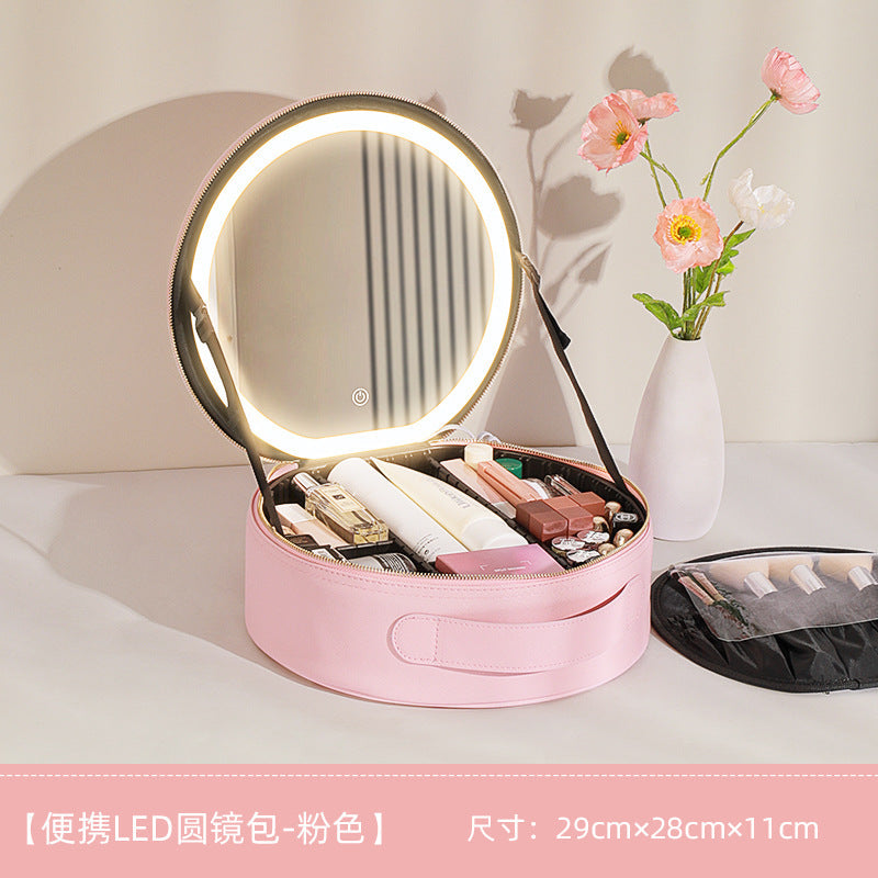 Round Makeup Bag with Mirror and LED Light (Large Capacity) LadyShow.Store