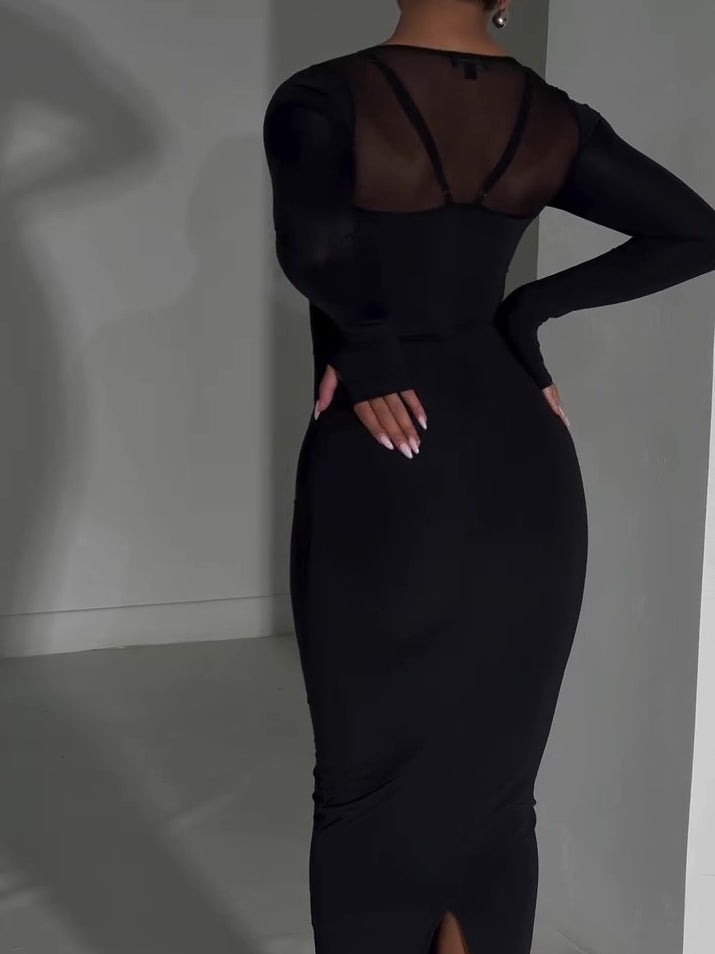 Black Bodycon Midi Dress With Rhinestone Chain Detail And Mesh Sleeves NorixaFashion.com