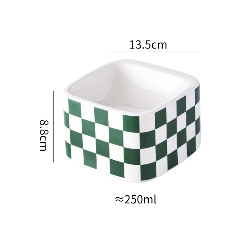 Black And White Lattice Ceramic High Foot Neck Protecting Pet Bowl Pets Fashion