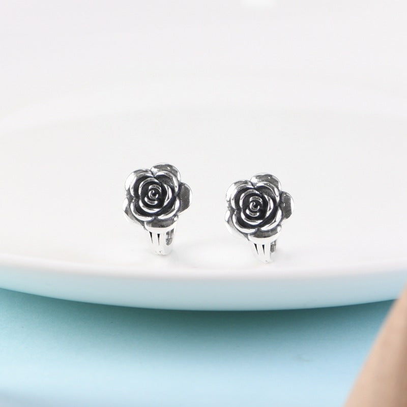 S925 Silver Vintage Distressed Rose Earrings LadyShow.Store