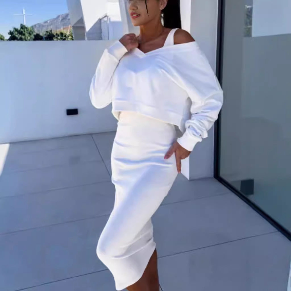 Women's Two Piece Dress Suit Fashion Long-sleeved  V-neck Pullover Sweatshirt And Sleeveless Dresses Set LadyShow.Store