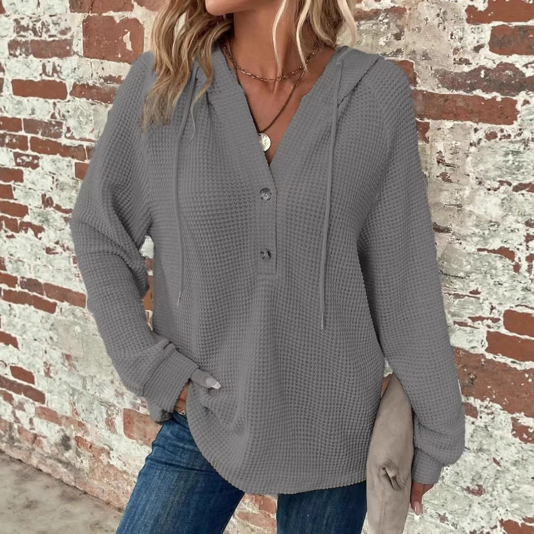 Waffle Hooded Sweater Sweatshirt Fashion Casual Long-sleeved Drawstring V-neck Buttons Top Women's Clothing NorixaFashion.com