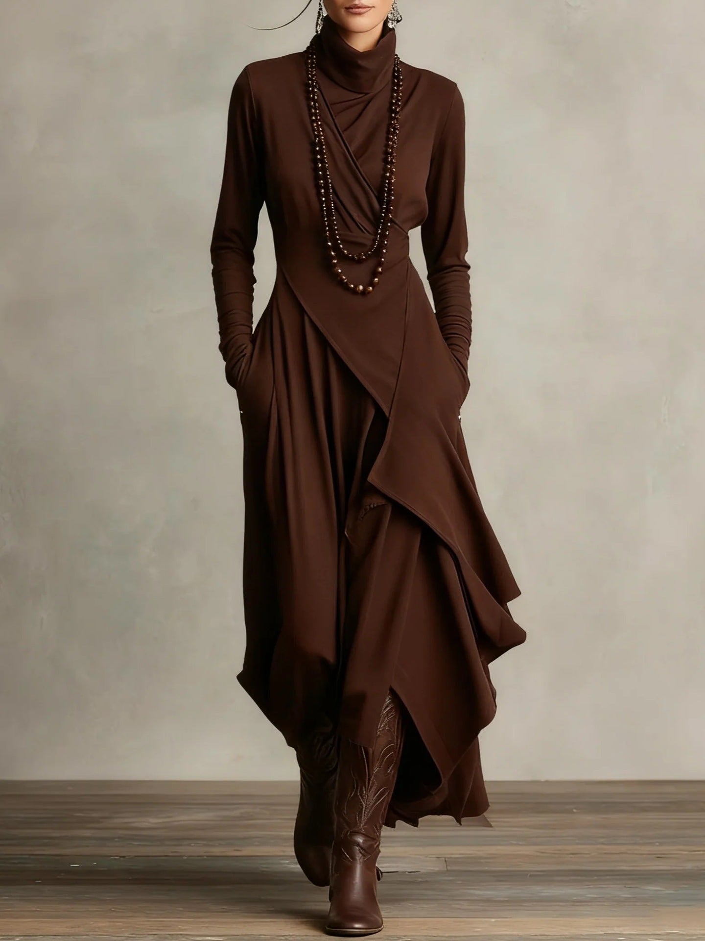 Women's Solid Color Cross-sleeve High-neck Dress LadyShow.Store