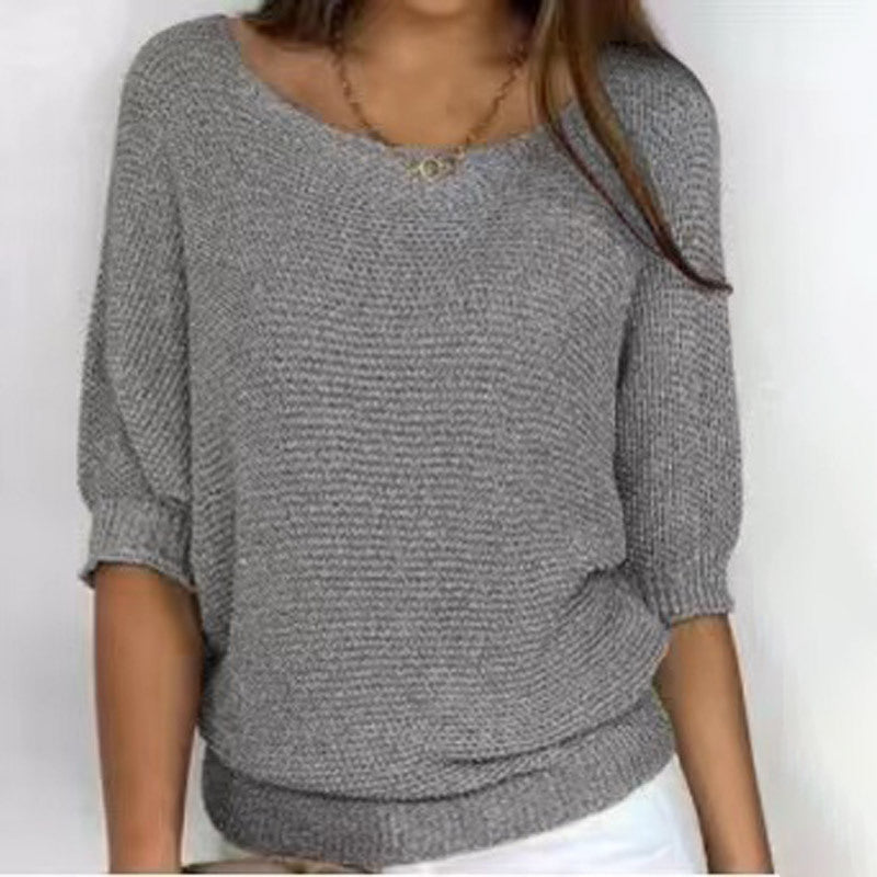 Three-quarter Sleeve Pullover Sweater Fashion Solid Color Loose Round Neck Knitted Top For Women Clothing NorixaFashion.com