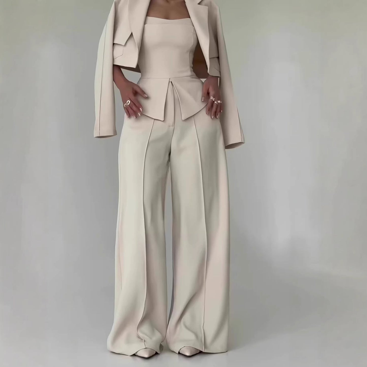 Womens Solid-color Elegant Blazer And Wide-leg Suspender Pants Set NorixaFashion.com