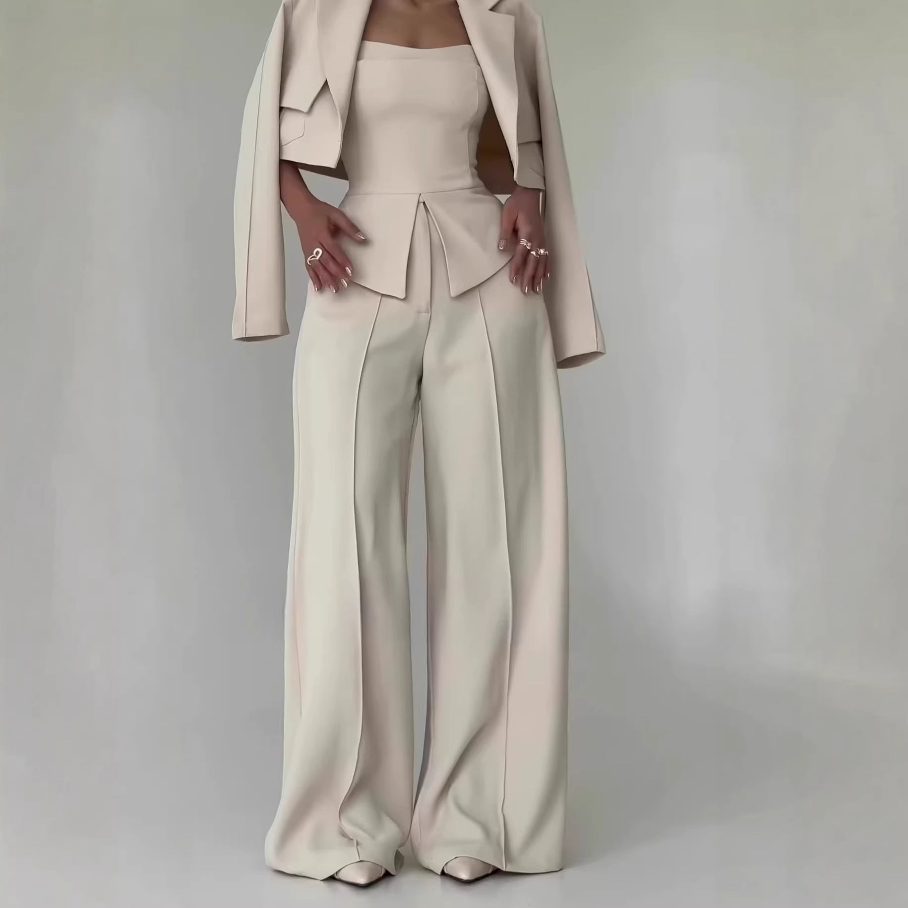 Womens Solid-color Elegant Blazer And Wide-leg Suspender Pants Set NorixaFashion.com