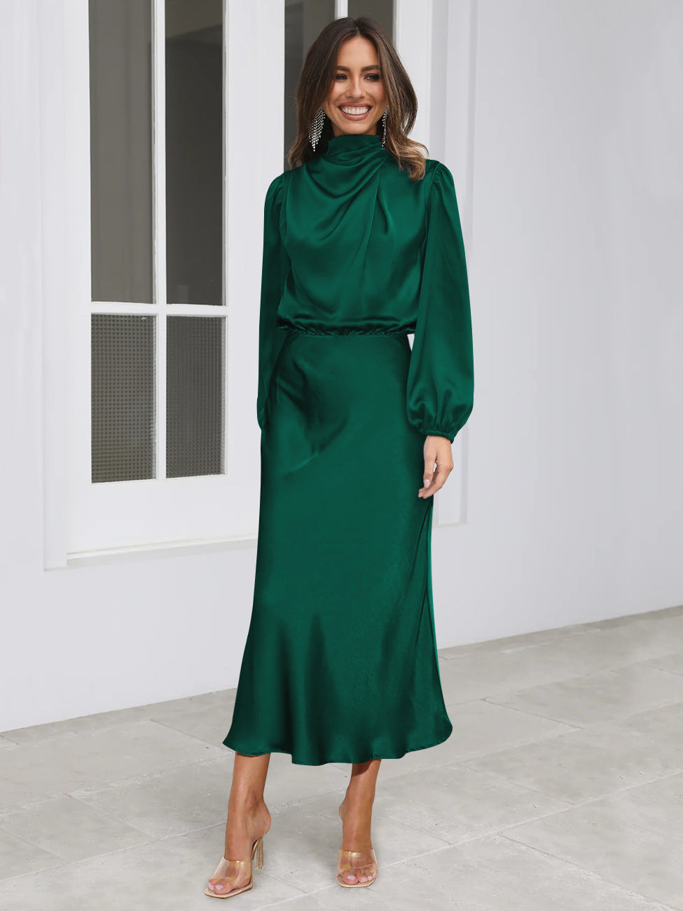 Elegant Temperament Long-sleeved Dress Satin Halterneck Formal Evening Dresses Women Clothing LadyShow.Store