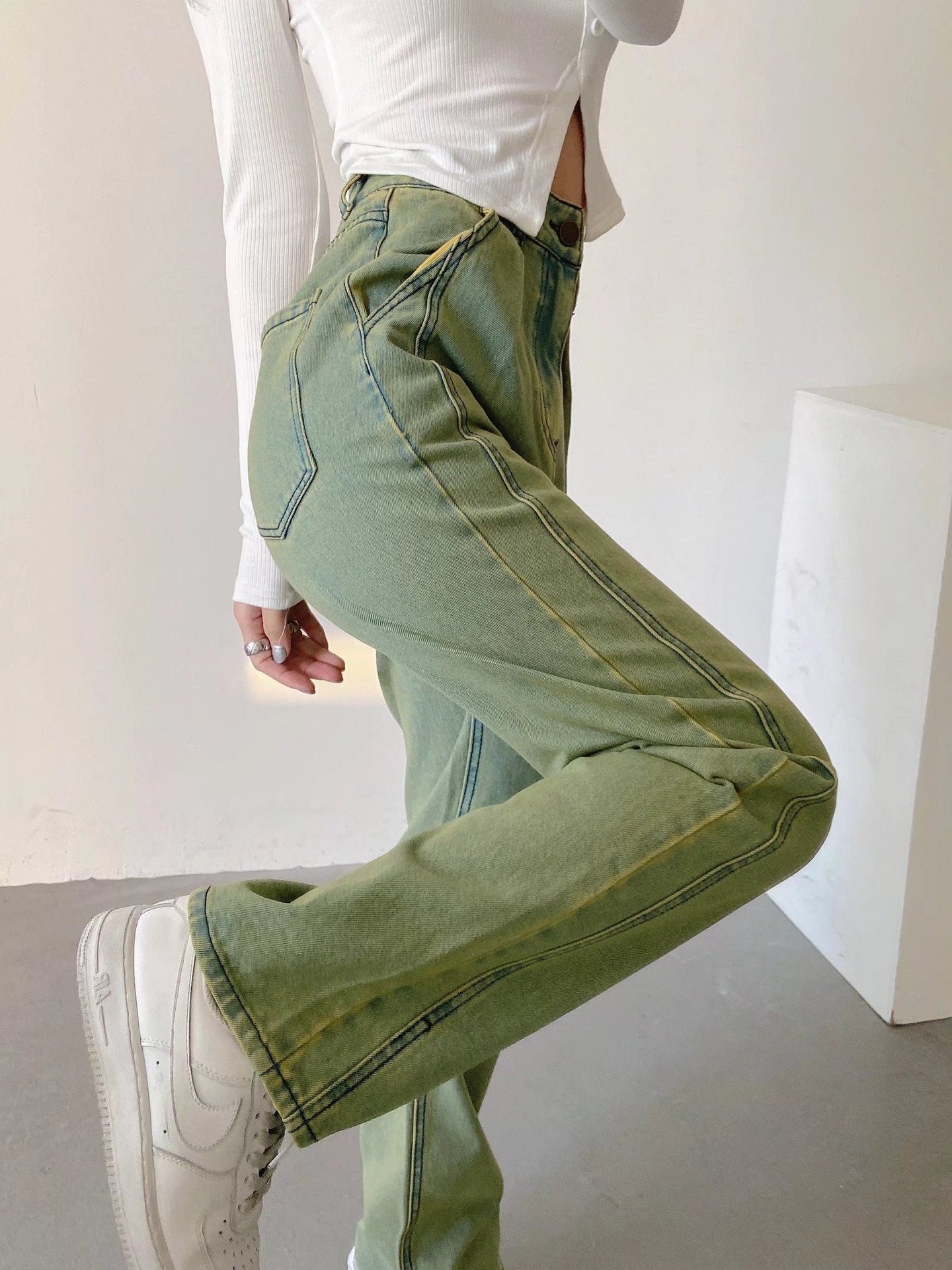 Trendy Green Straight Jeans NorixaFashion.com