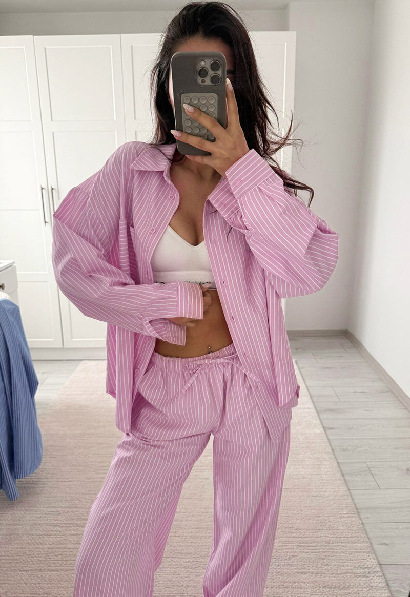 Fashionable Striped Casual Simple Womens Long-Sleeve Top And Pants Loose Set NorixaFashion.com