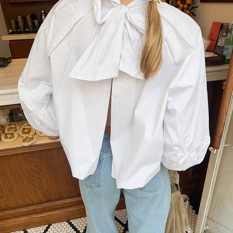 Puff-sleeved Backless Stand-collar Blouse NorixaFashion.com