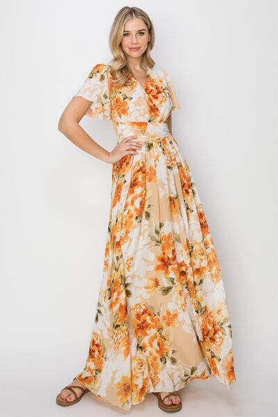 HYFVE Floral Tie Back Short Sleeve Slit Maxi Dress LuxuryLifeWay Online Store