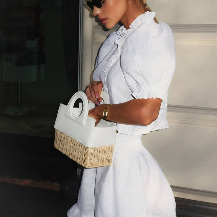 White Ruffled Linen-Blend Two-Piece Co-ord Set NorixaFashion.com