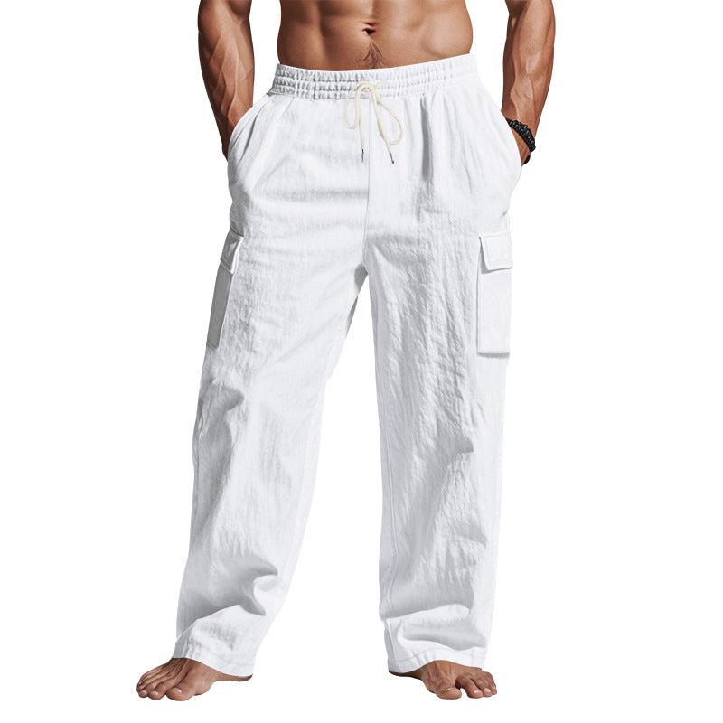 Men's Workwear Multi-pocket Straight Linen Pants Linen Four Seasons Thin Breathable Cargo Pants, Multi-pocket Loose Casual Trendy Wide-leg Pants NorixaFashion.com