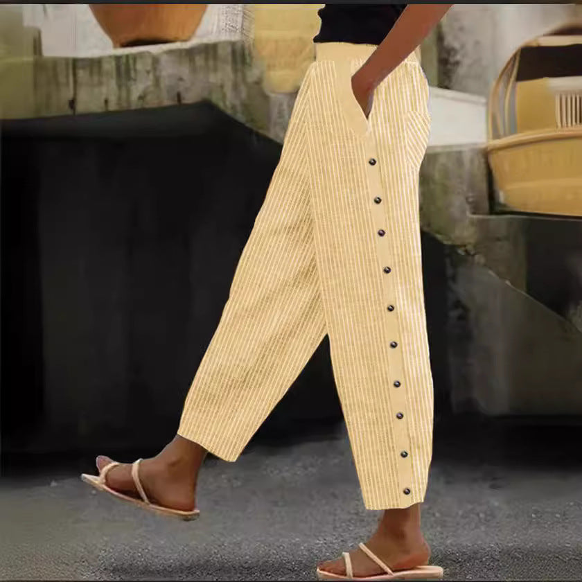 Printed Striped Button-binding Elastic Waist Cropped Pants NorixaFashion.com