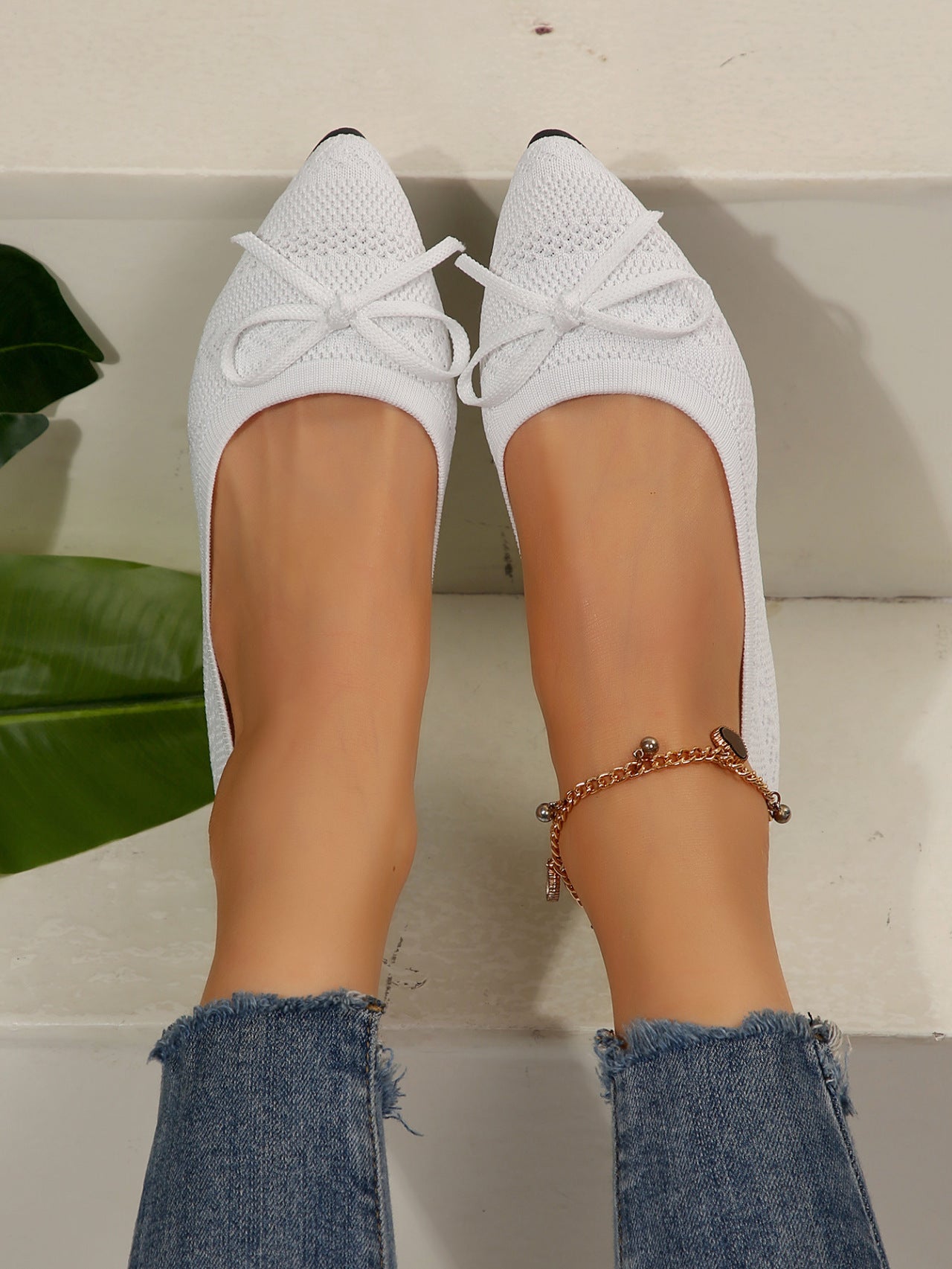 Bow Knitted Loafers Ins Fashion Pointed-toed Flats Shoes For Women CJD
