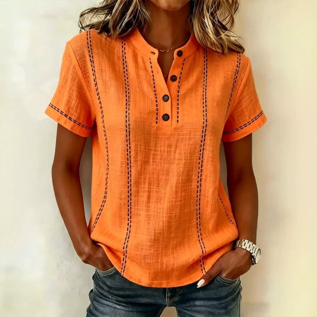 Summer Striped Short-Sleeve Shirts Casual Stand-Collar V-neck Button Blouse Womens Clothing LadyShow.Store