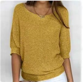 Three-quarter Sleeve Pullover Sweater Fashion Solid Color Loose Round Neck Knitted Top For Women Clothing NorixaFashion.com