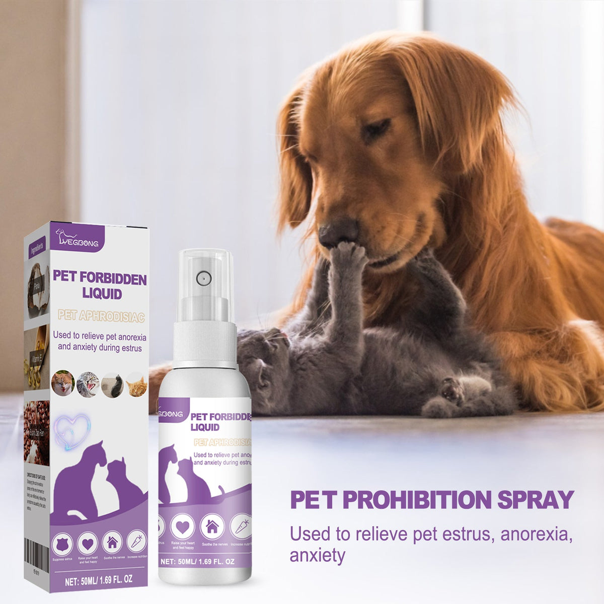 Improve Oestrus, Anxiety, Restrain Sexual Desire, Recuperate Spray, Cat And Dog Special Pet Estrus Inhibiting Liquid 50ml, 1 Box Tri Light Beauty