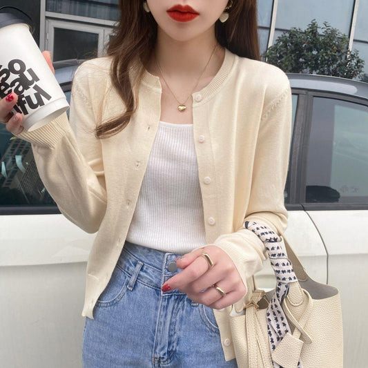 Women's Slimming Round-Neck Long-Sleeve Knitted Cardigan LadyShow.Store