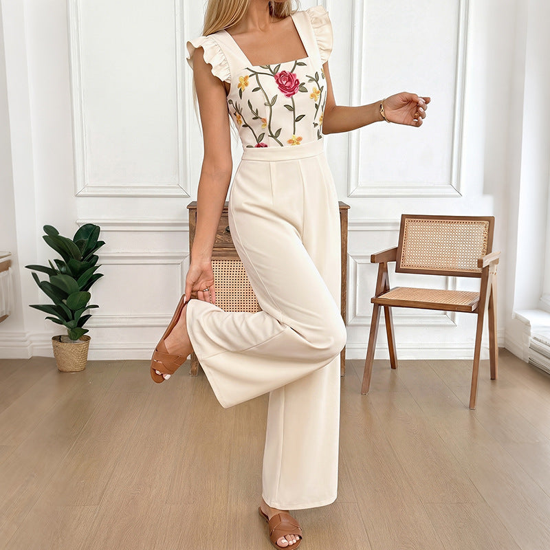 Floral Embroidered Ruffle Strap Wide Leg Jumpsuit NorixaFashion.com