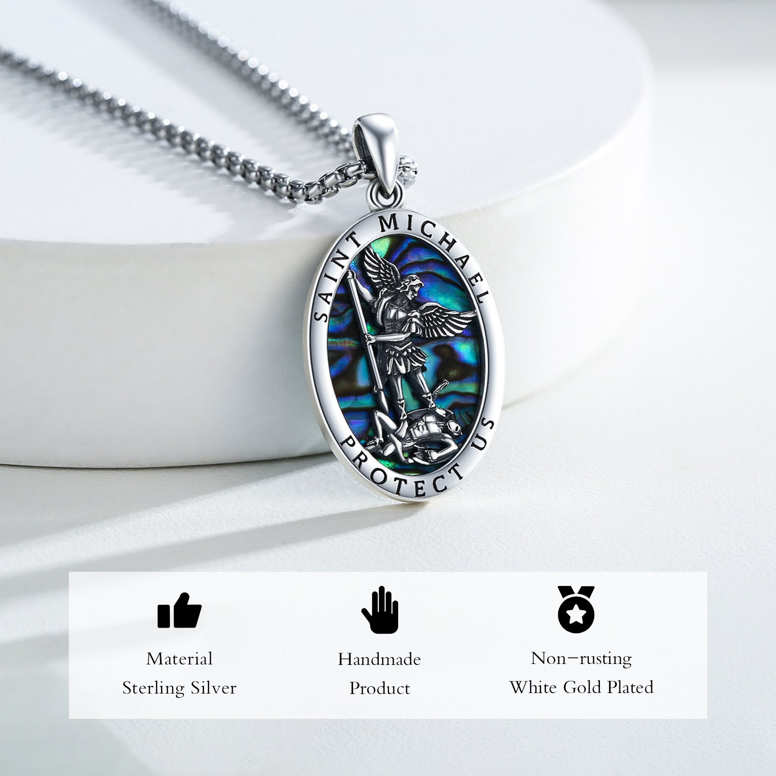 Abalone Shell Saint Michael Pendant Necklace in 925 Sterling Silver LadyShow.Store