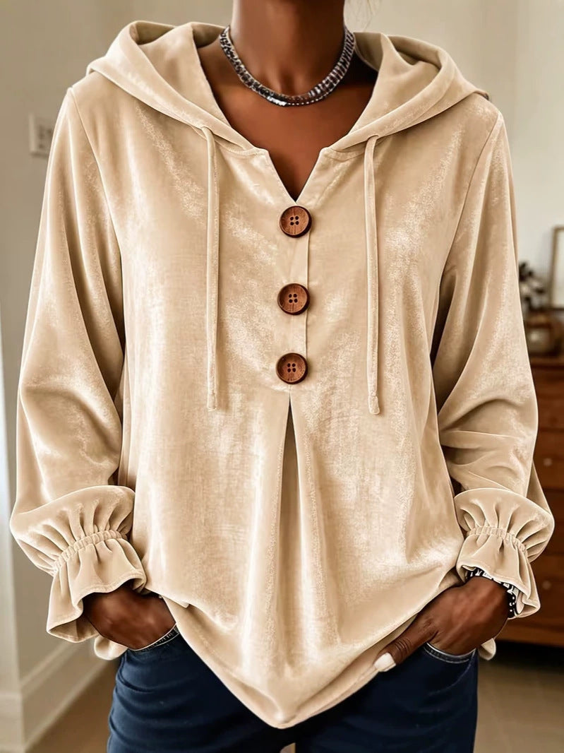 Annuo  2026 Women Casual Button Drawstring Hoodie, European American Style Long Sleeve Top NorixaFashion.com