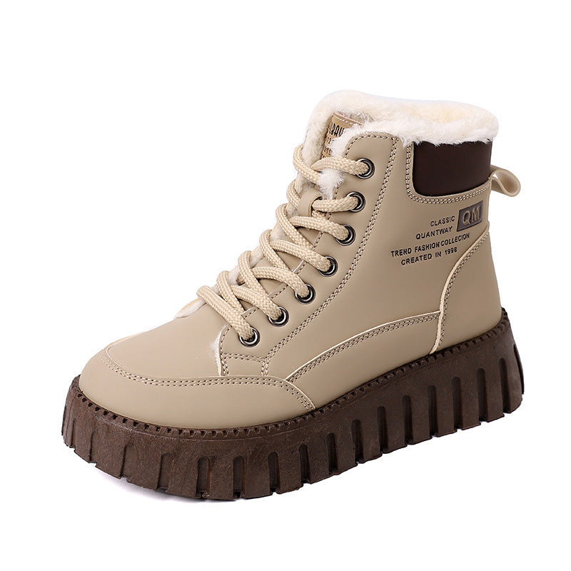 Ins Lace-up Snow Boots Winter Warm Fleece Flat Shoes For Women Fashion Casual Plush Ankle Boot CJD