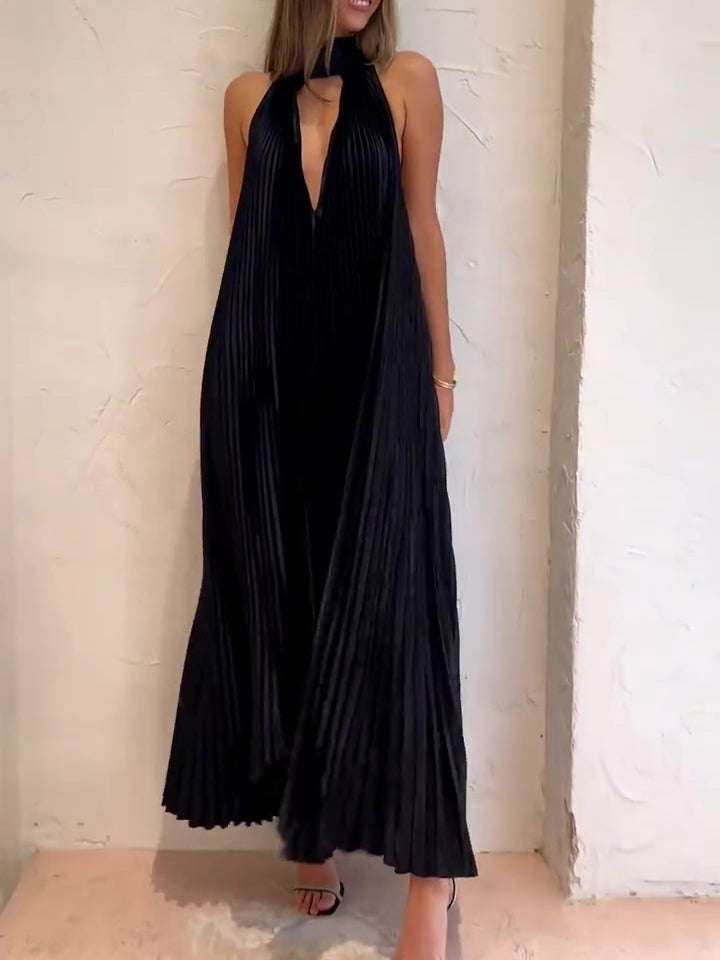 Black V-Neck Pressed Pleated Dress NorixaFashion.com