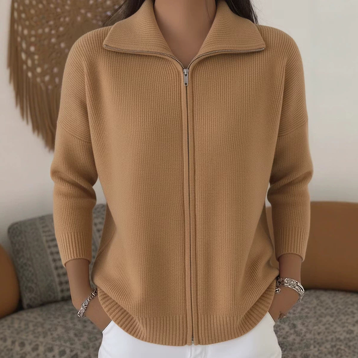 Zip-up Knitted Polo-neck Sweater Cardigan Coat NorixaFashion.com