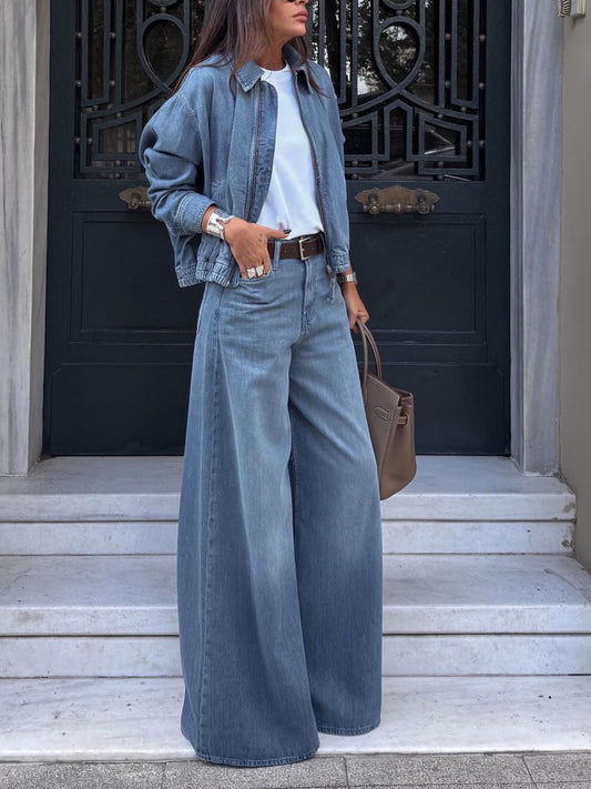 Light Blue Denim Cropped Jacket And Wide-leg Jeans Set NorixaFashion.com