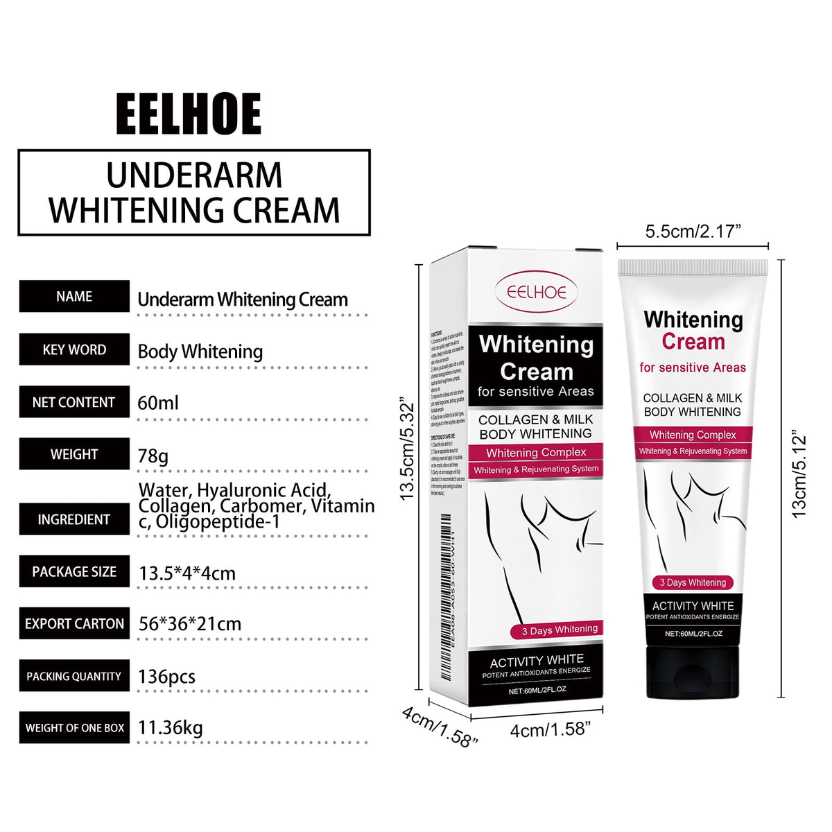 Gentle Formula Moisturizing And Caring For Underarm Joints, Brightening And Beautifying Cream, Underarm Whitening Cream 60ml, 1 Box Tri Light Beauty