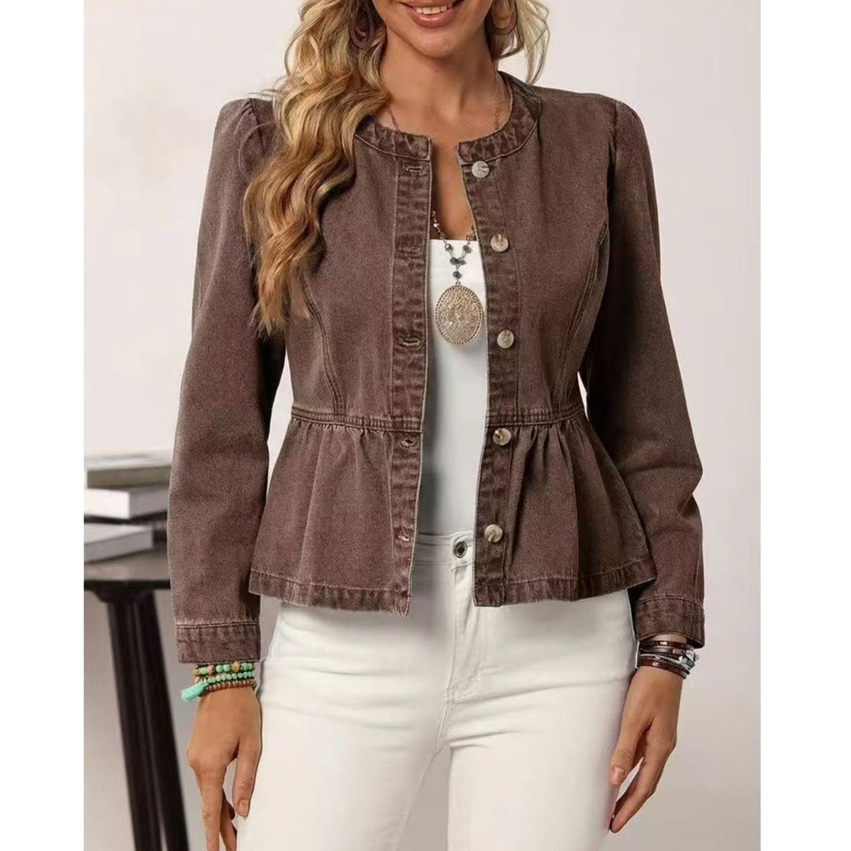 Cross-Border Denim Jacket For Women, Short Style, 2026 Spring And Autumn New Popular Model, European And American Casual Versatile Round Neck Puff Sleeves NorixaFashion.com