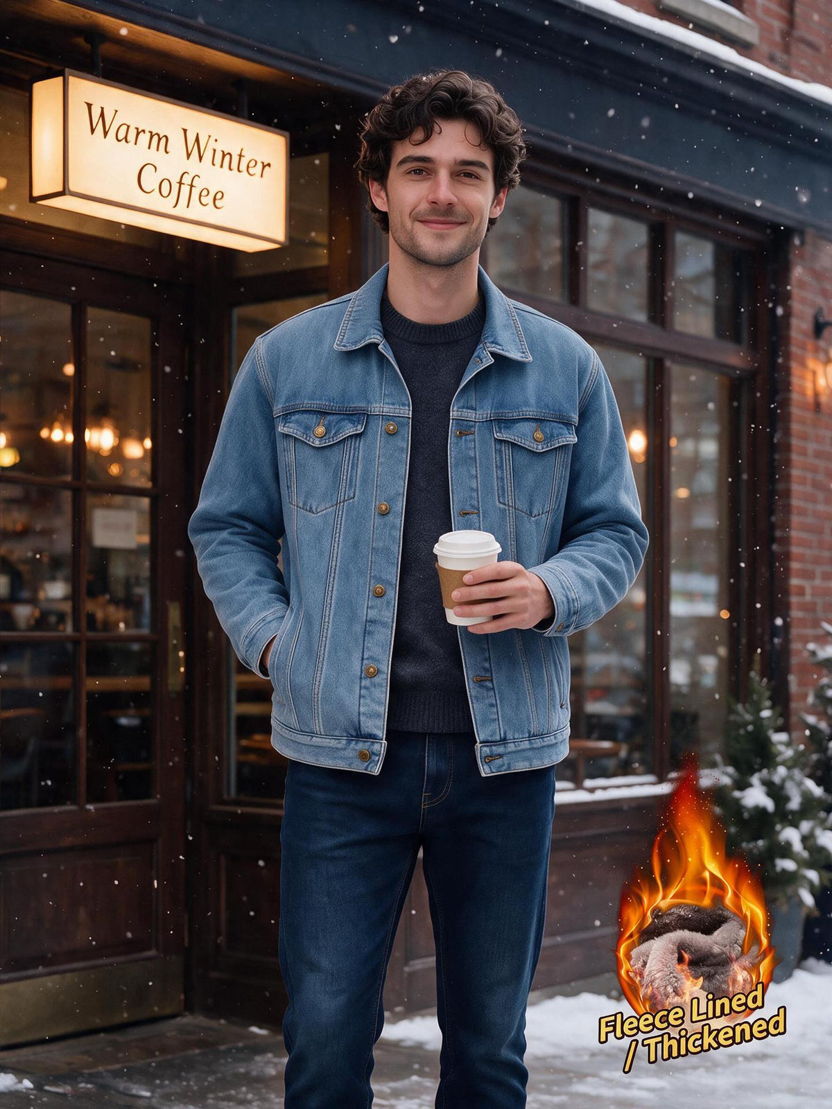 Cross-border, In-stock, Fleece-lined, And Thickened Denim Jacket For Men, Slim Fit, 2026 Autumn Winter Casual Jacket, Available On Amazon NorixaFashion.com