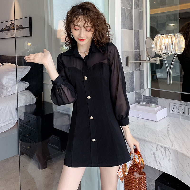 Women Chiffon Lantern Sleeve Splicing Shirt Dress NorixaFashion.com